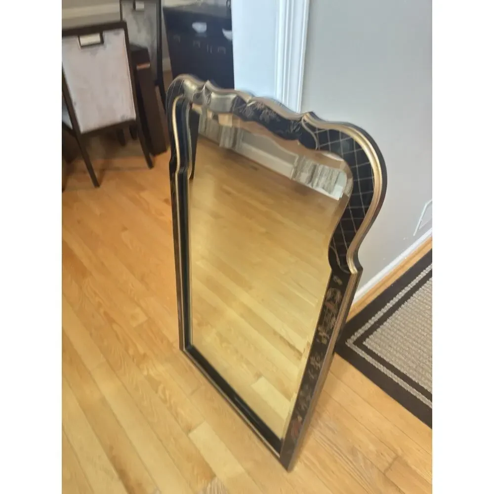 Chinoiserie Black Lacquer Mirror Gold Asian Pagoda Beveled Wall Mirror 43x25”